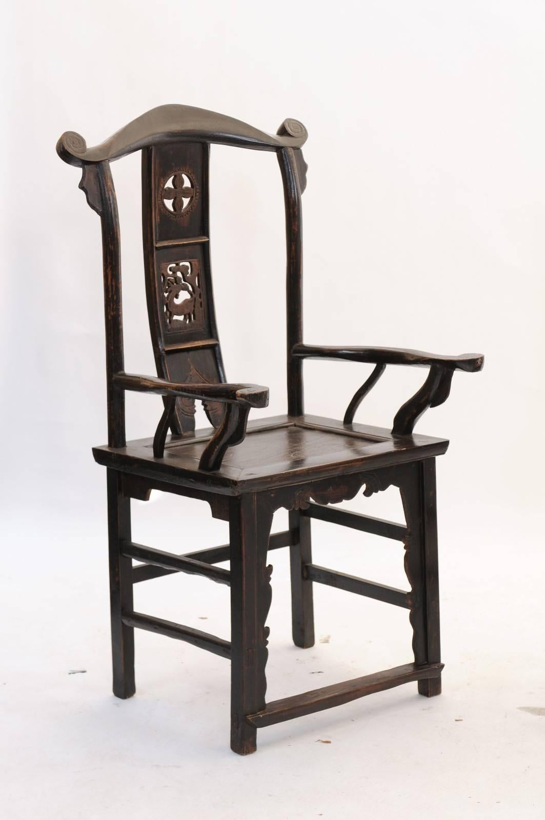 Unknown Pair of Chinoiserie Late 19th Century Wooden Carved Chairs with Dark Finish