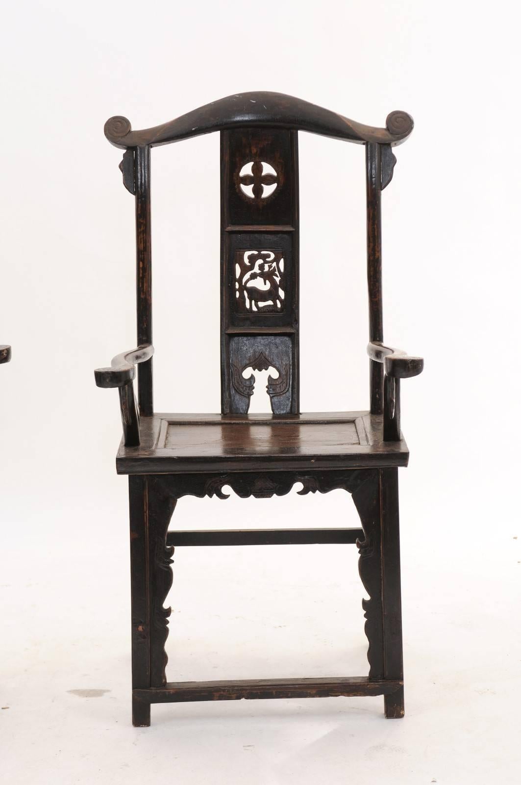 Pair of Chinoiserie Late 19th Century Wooden Carved Chairs with Dark Finish In Good Condition In Atlanta, GA