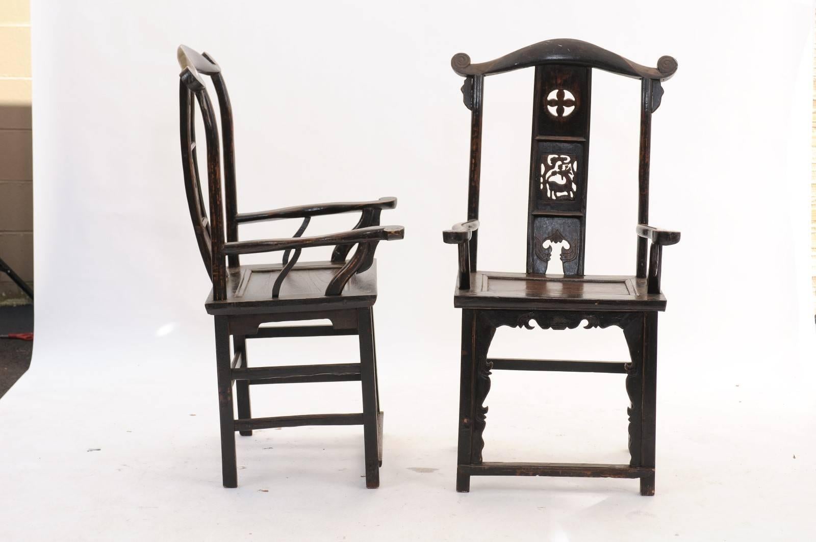 Pair of Chinoiserie Late 19th Century Wooden Carved Chairs with Dark Finish 1