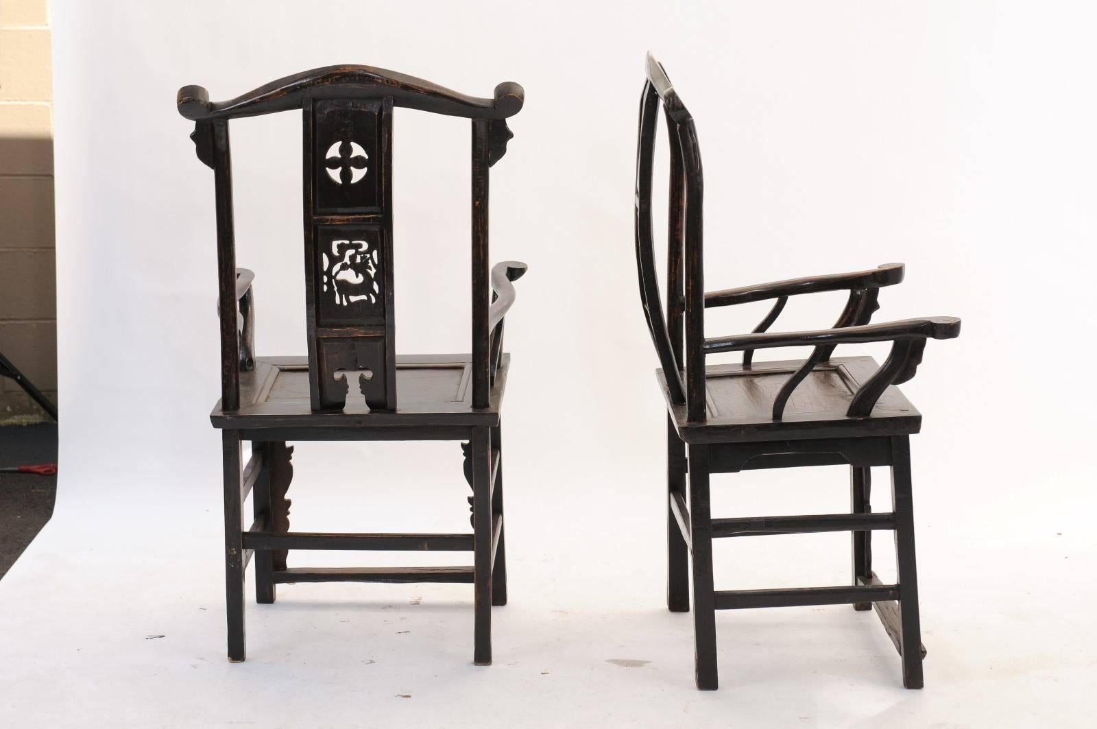 Pair of Chinoiserie Late 19th Century Wooden Carved Chairs with Dark Finish 3