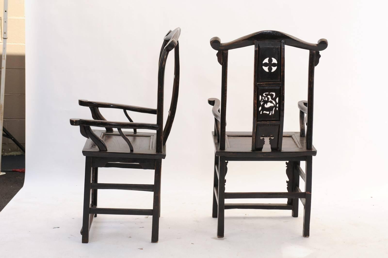 Pair of Chinoiserie Late 19th Century Wooden Carved Chairs with Dark Finish 4