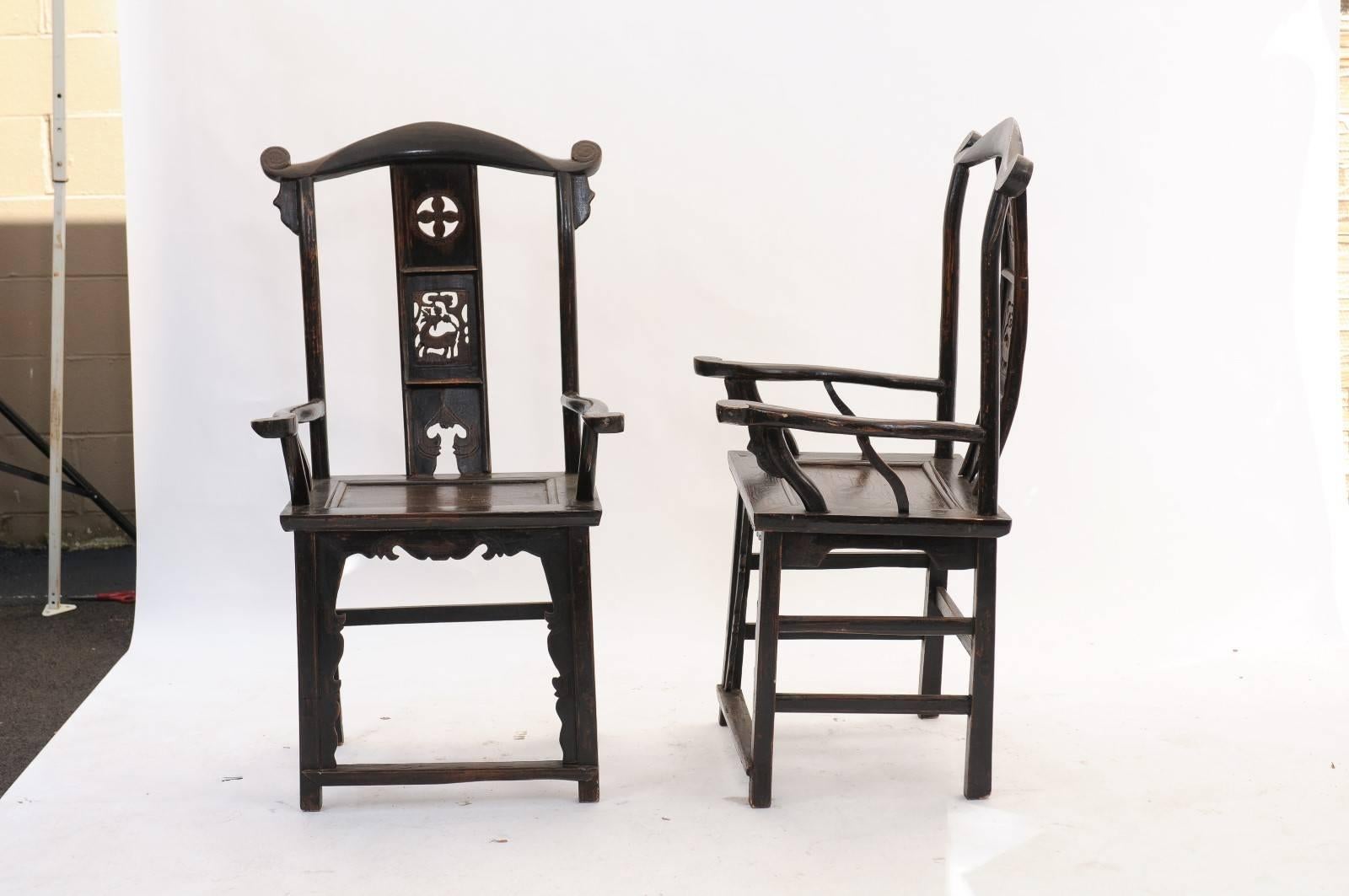 Pair of Chinoiserie Late 19th Century Wooden Carved Chairs with Dark Finish 5