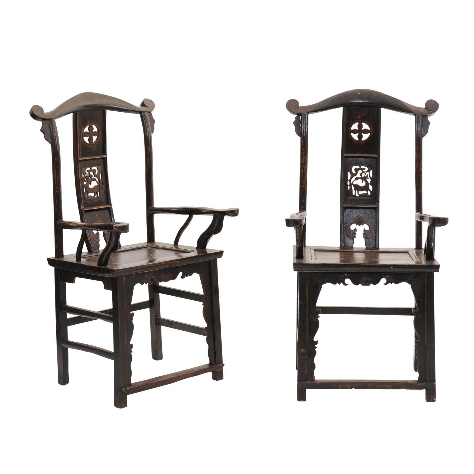 Pair of Chinoiserie Late 19th Century Wooden Carved Chairs with Dark Finish
