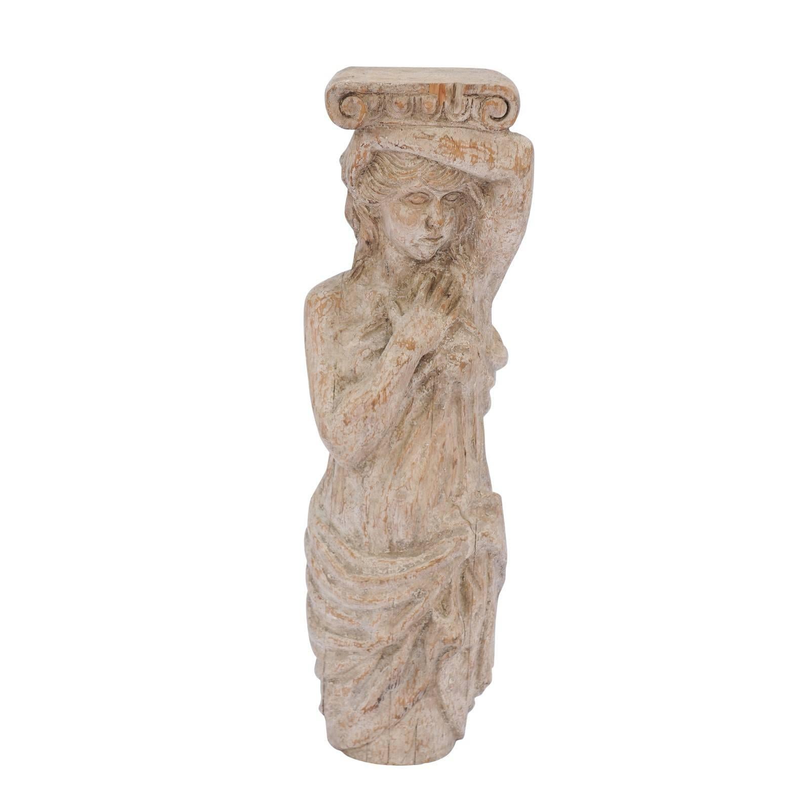 French Late 18th Century Wooden Caryatid Sculpture of a Woman with Ionic Capital