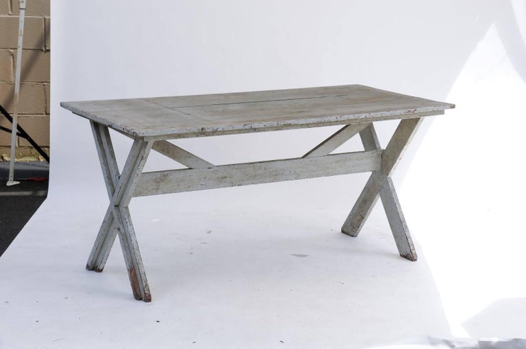 French Trestle Base Blue Grey Painted Farm Table With X Shaped Legs Rustic French Trestle Base Blue Grey Painted Farm Table With X Shaped Legs Circa