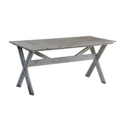 French Trestle Base Blue Grey Painted Farm Table with X-Shaped Legs, circa 1920