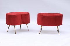 Pair of French Mid-Century Kidney Shaped Red Upholstered Ottomans