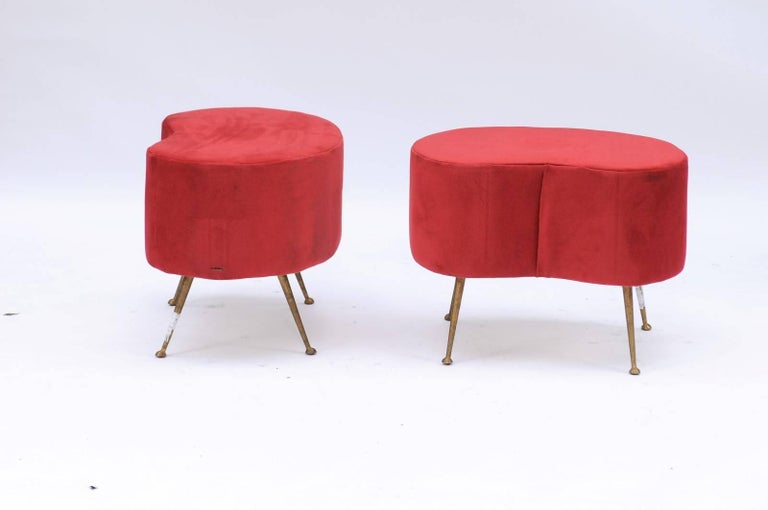 Pair of French MidCentury Kidney Shaped Red Upholstered Ottomans at