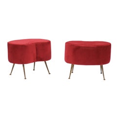 Pair of French Mid-Century Kidney Shaped Red Upholstered Ottomans