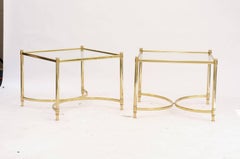 Pair of French 1970s Square Brass and Glass Side Tables with Demilune Stretchers