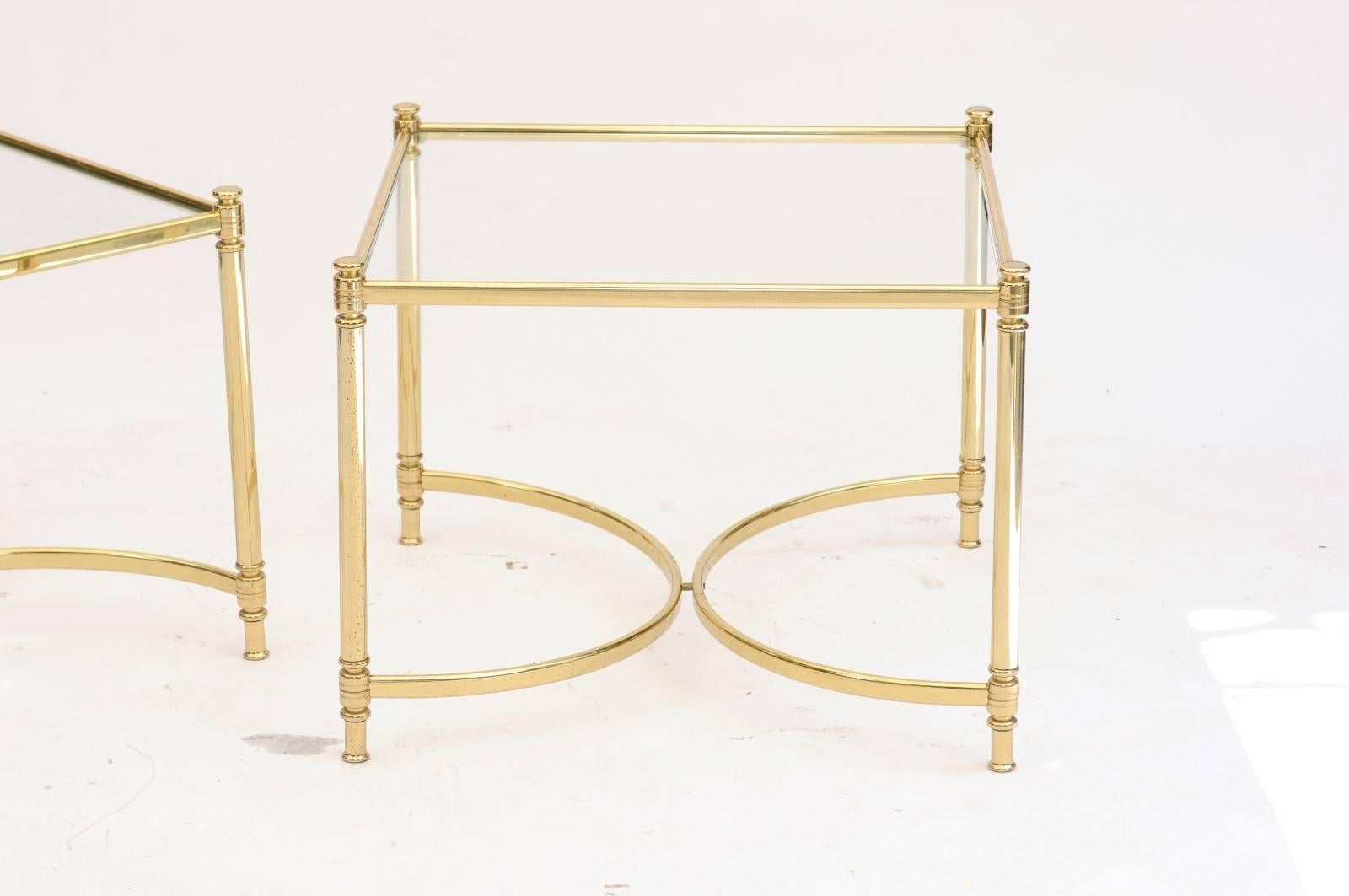 Mid-Century Modern Pair of French 1970s Square Brass and Glass Side Tables with Demilune Stretchers