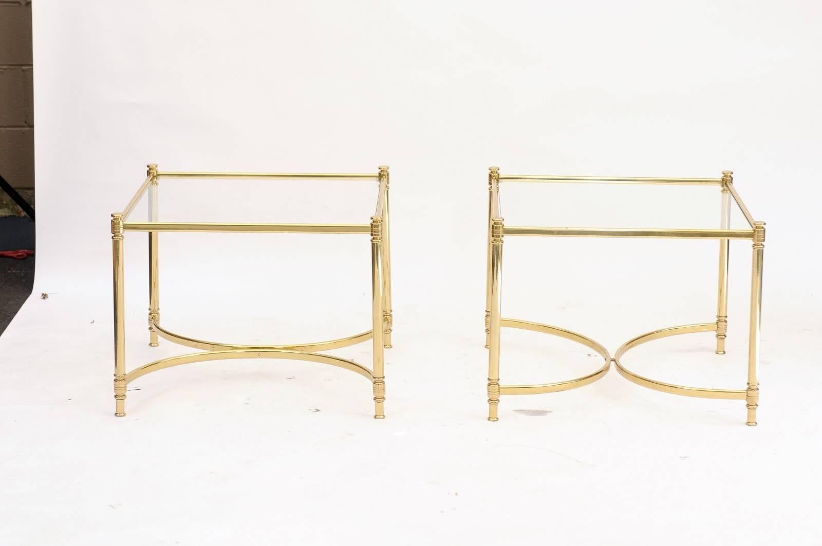 Pair of French 1970s Square Brass and Glass Side Tables with Demilune Stretchers 3