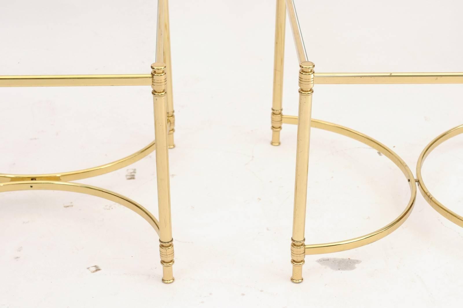 Pair of French 1970s Square Brass and Glass Side Tables with Demilune Stretchers 4