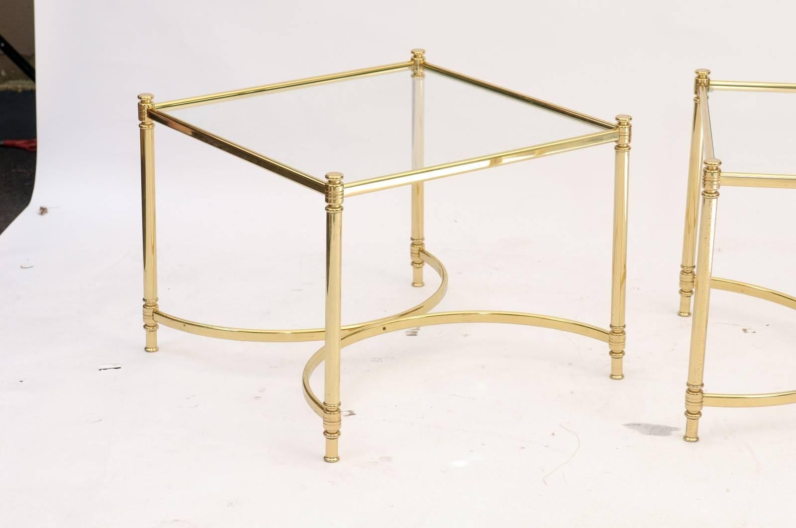 Pair of French 1970s Square Brass and Glass Side Tables with Demilune Stretchers In Excellent Condition In Atlanta, GA