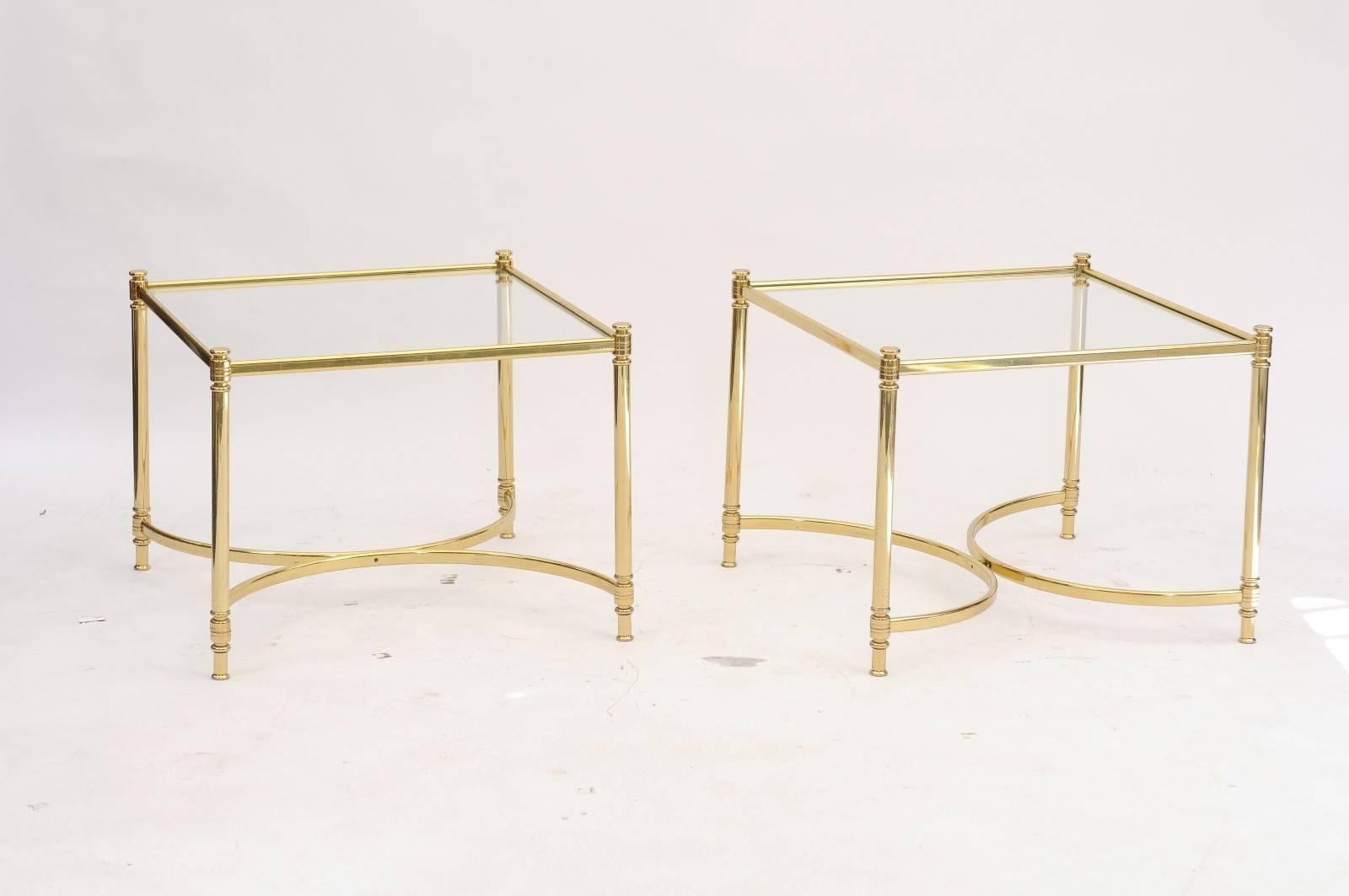 Pair of French 1970s Square Brass and Glass Side Tables with Demilune Stretchers 1