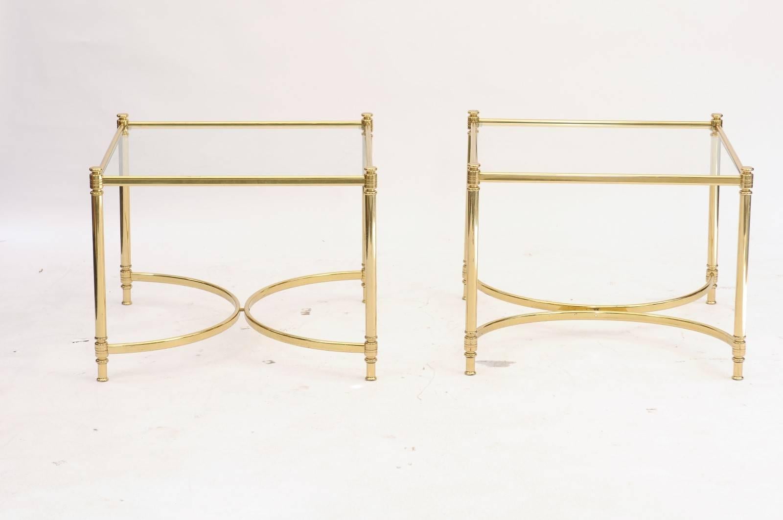 Pair of French 1970s Square Brass and Glass Side Tables with Demilune Stretchers 2