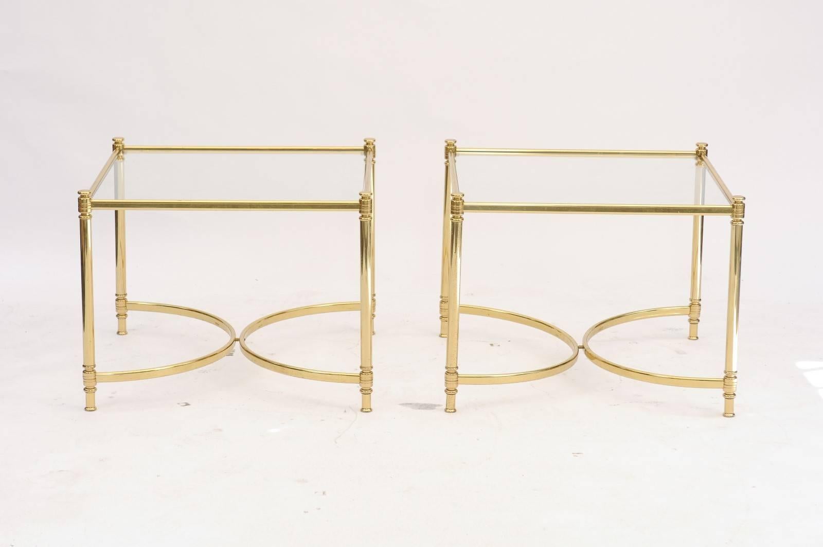 20th Century Pair of French 1970s Square Brass and Glass Side Tables with Demilune Stretchers