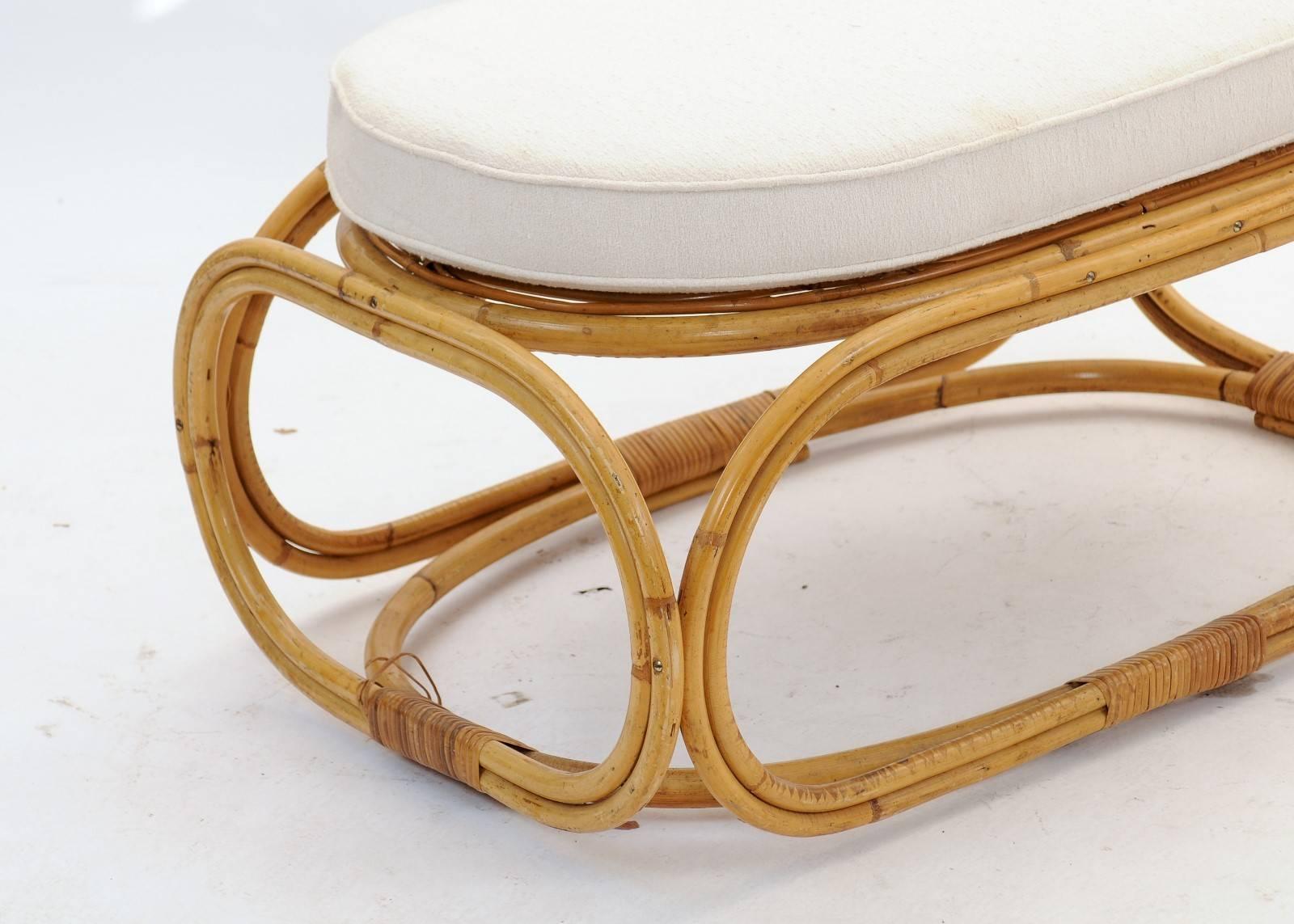 Mid-Century Modern French 1950s Rattan Ottoman with Rounded Base and Oval Upholstered Seat