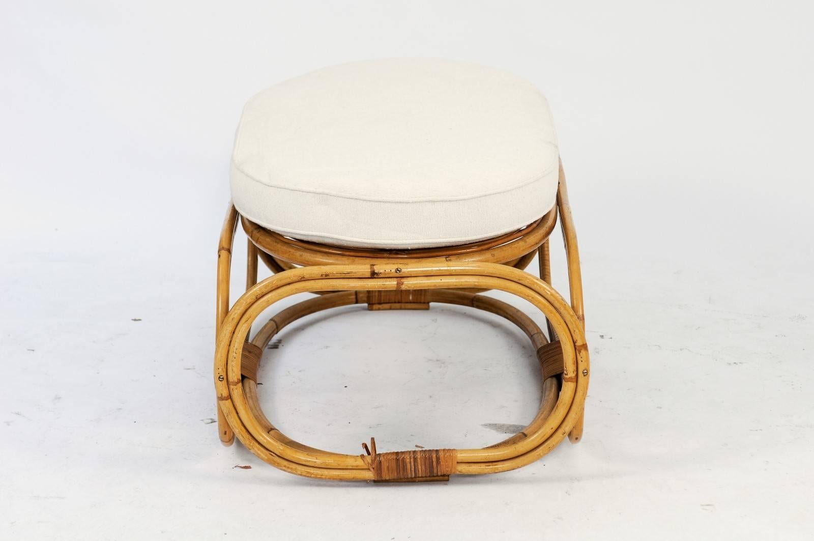 20th Century French 1950s Rattan Ottoman with Rounded Base and Oval Upholstered Seat