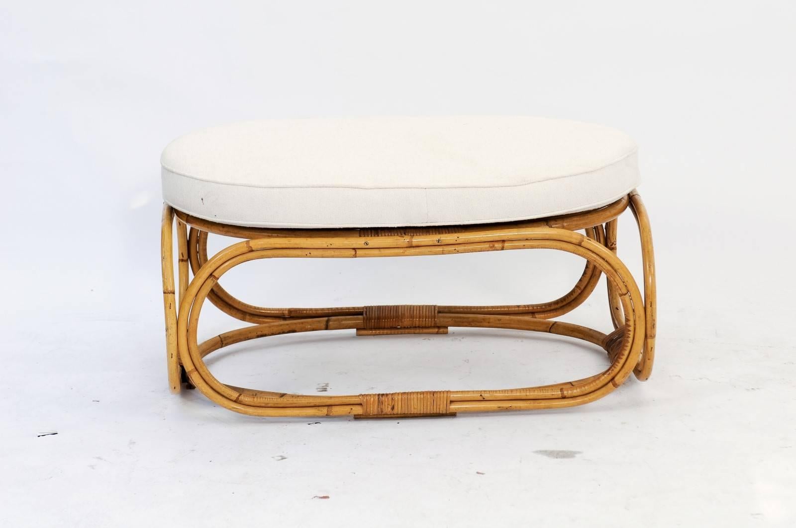 Upholstery French 1950s Rattan Ottoman with Rounded Base and Oval Upholstered Seat