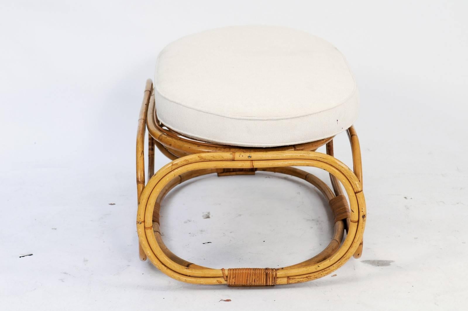 French 1950s Rattan Ottoman with Rounded Base and Oval Upholstered Seat 1