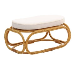 French 1950s Rattan Ottoman with Rounded Base and Oval Upholstered Seat