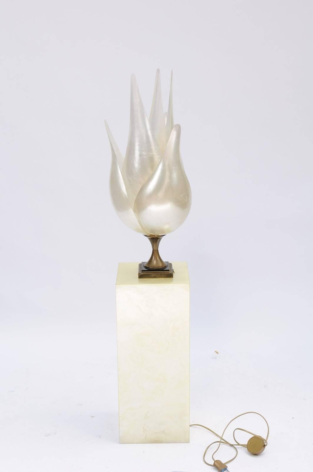 Brass Single Maison Rougier Six-Petal Flower Shaped Lamp with Tall Stand, circa 1970