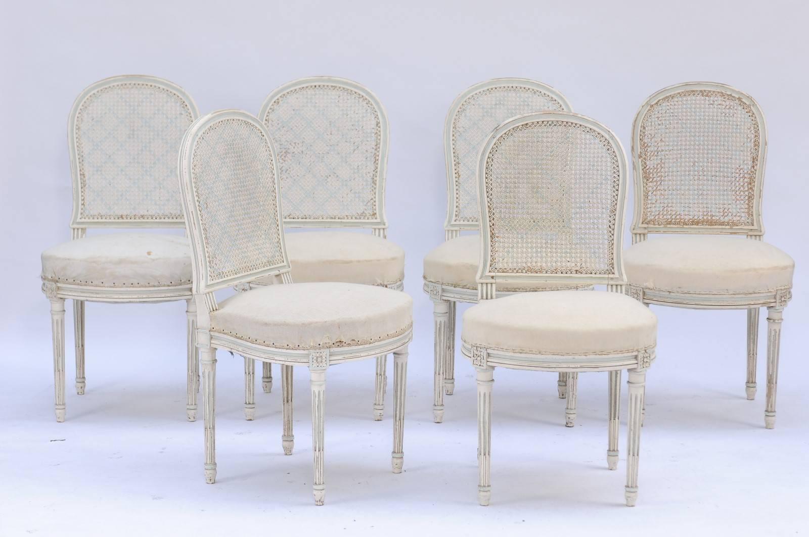 20th Century Pair of Northern French Louis XVI Style 1940s Dining Chairs with Cane Backs