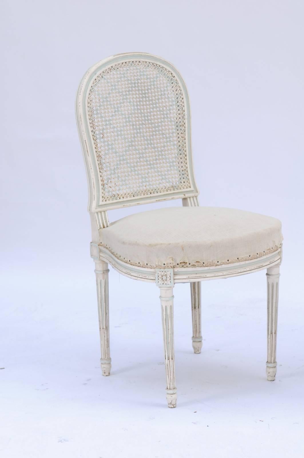 Painted Pair of Northern French Louis XVI Style 1940s Dining Chairs with Cane Backs