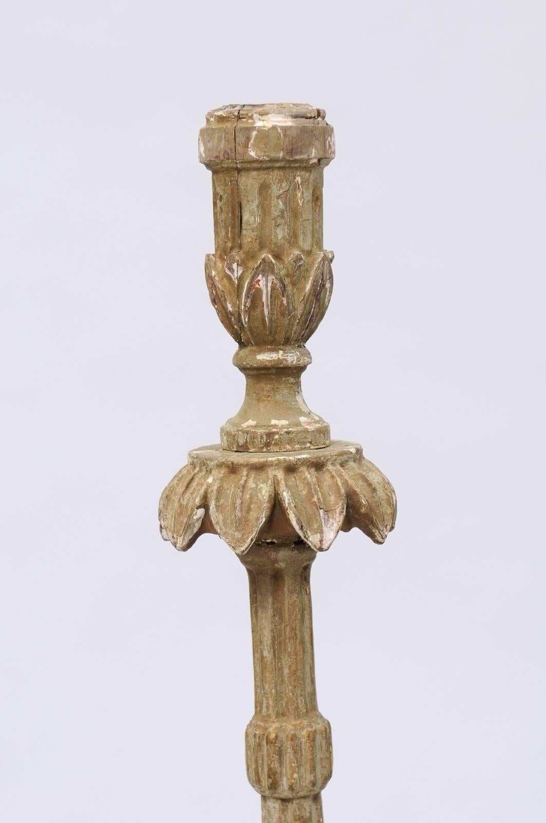 18th Century Portuguese Tall Carved Candlestick with Floral Motifs and Fluting In Good Condition In Atlanta, GA