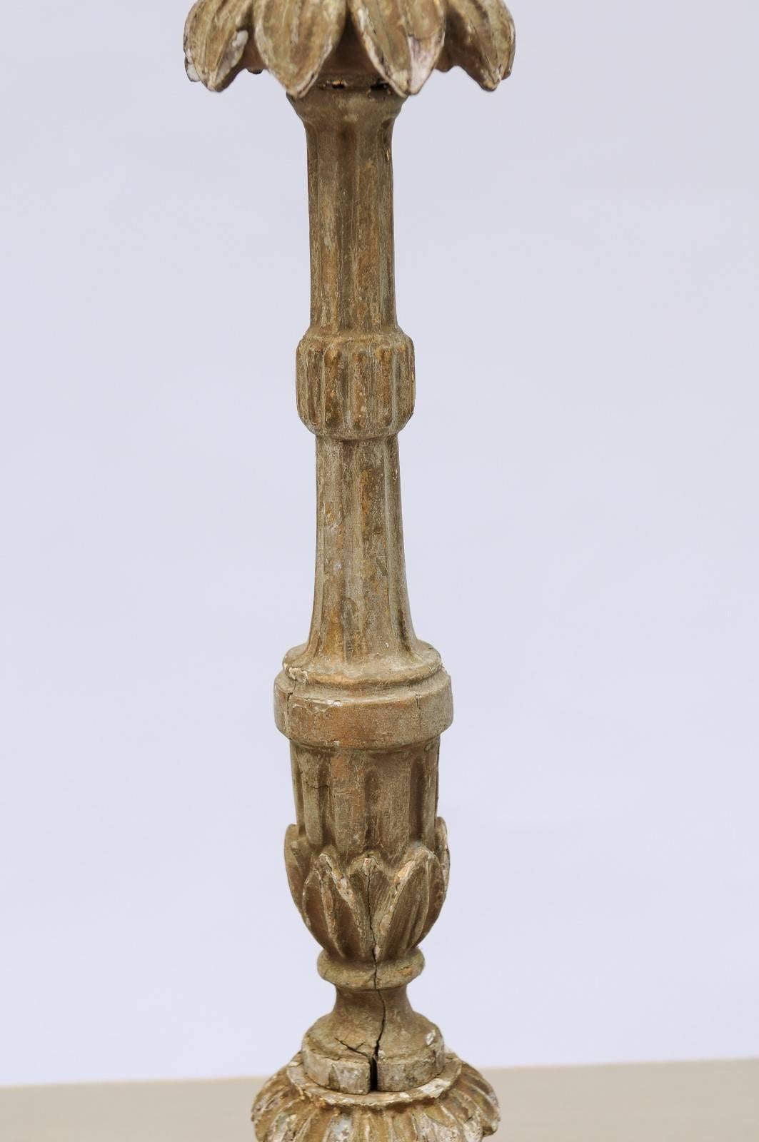 18th Century and Earlier 18th Century Portuguese Tall Carved Candlestick with Floral Motifs and Fluting