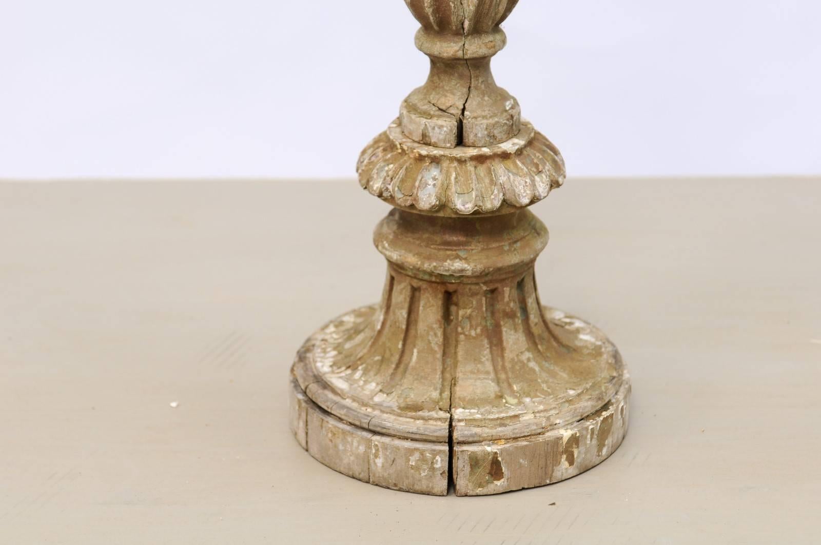Wood 18th Century Portuguese Tall Carved Candlestick with Floral Motifs and Fluting