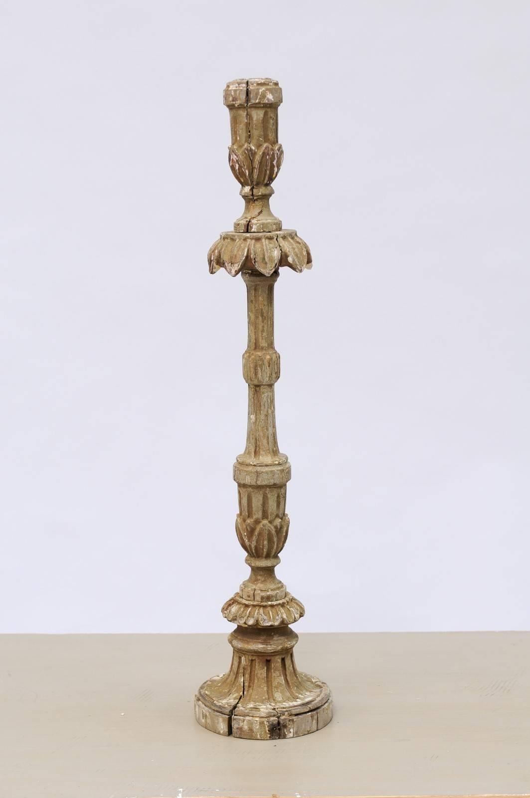 18th Century Portuguese Tall Carved Candlestick with Floral Motifs and Fluting 1