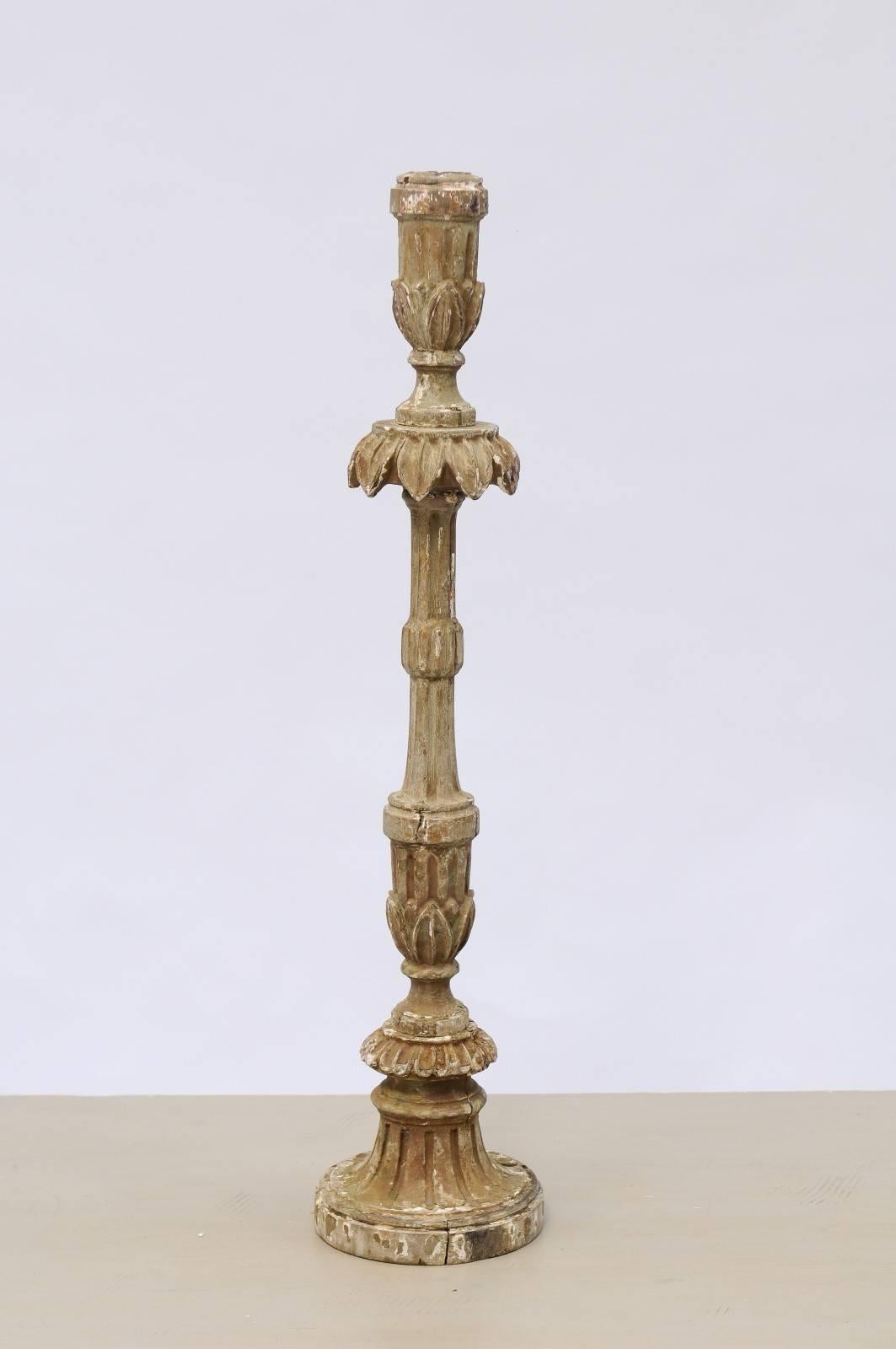 18th Century Portuguese Tall Carved Candlestick with Floral Motifs and Fluting 2