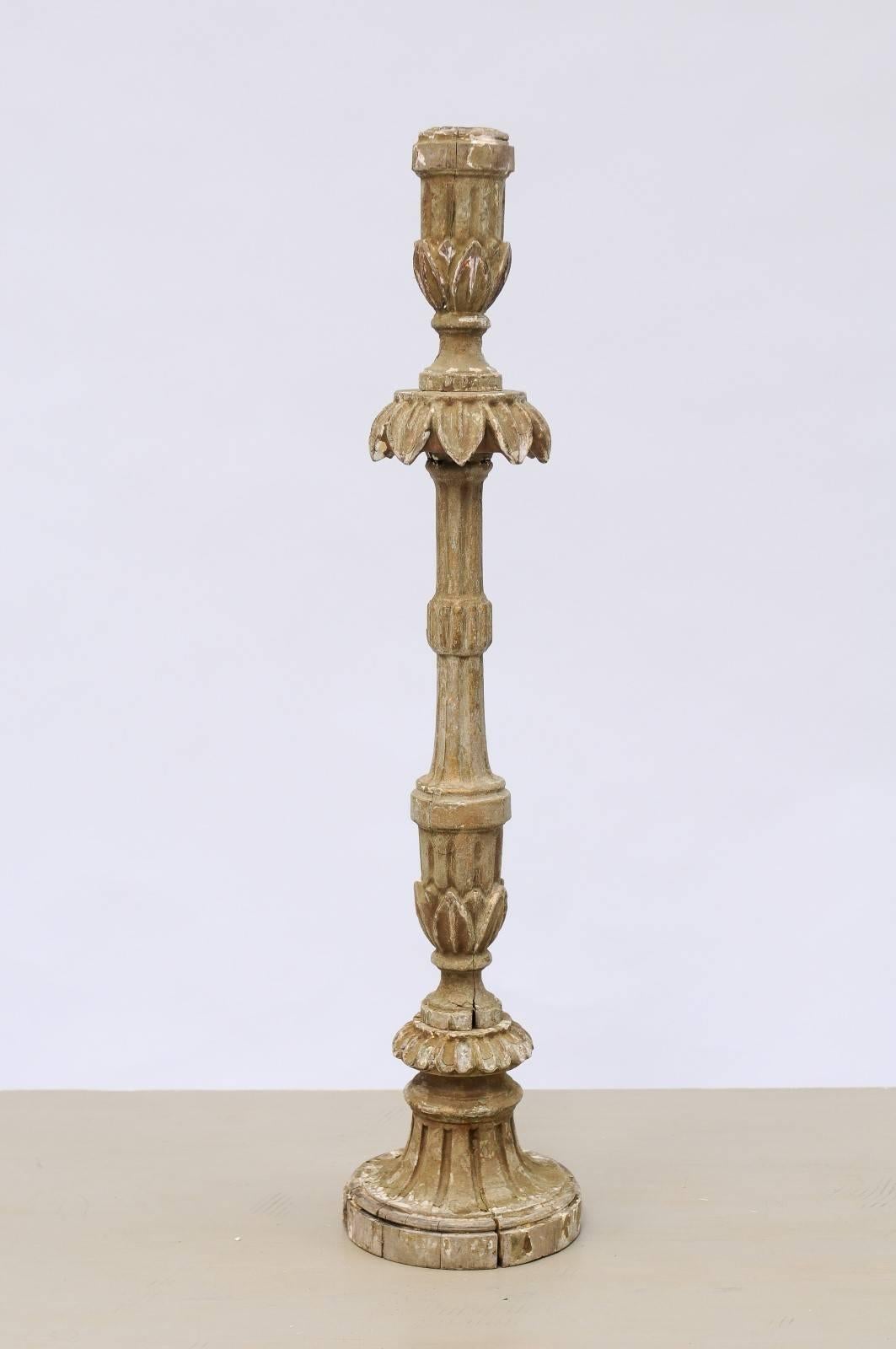 18th Century Portuguese Tall Carved Candlestick with Floral Motifs and Fluting 3