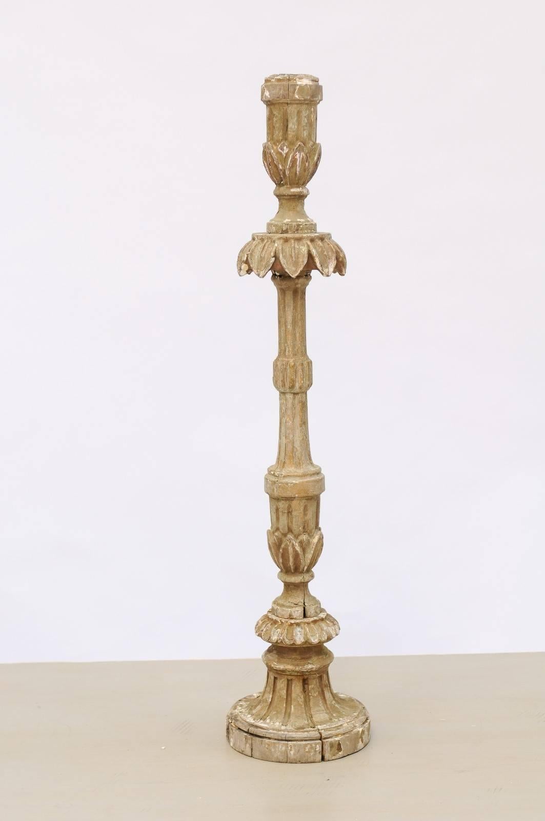 18th Century Portuguese Tall Carved Candlestick with Floral Motifs and Fluting 4
