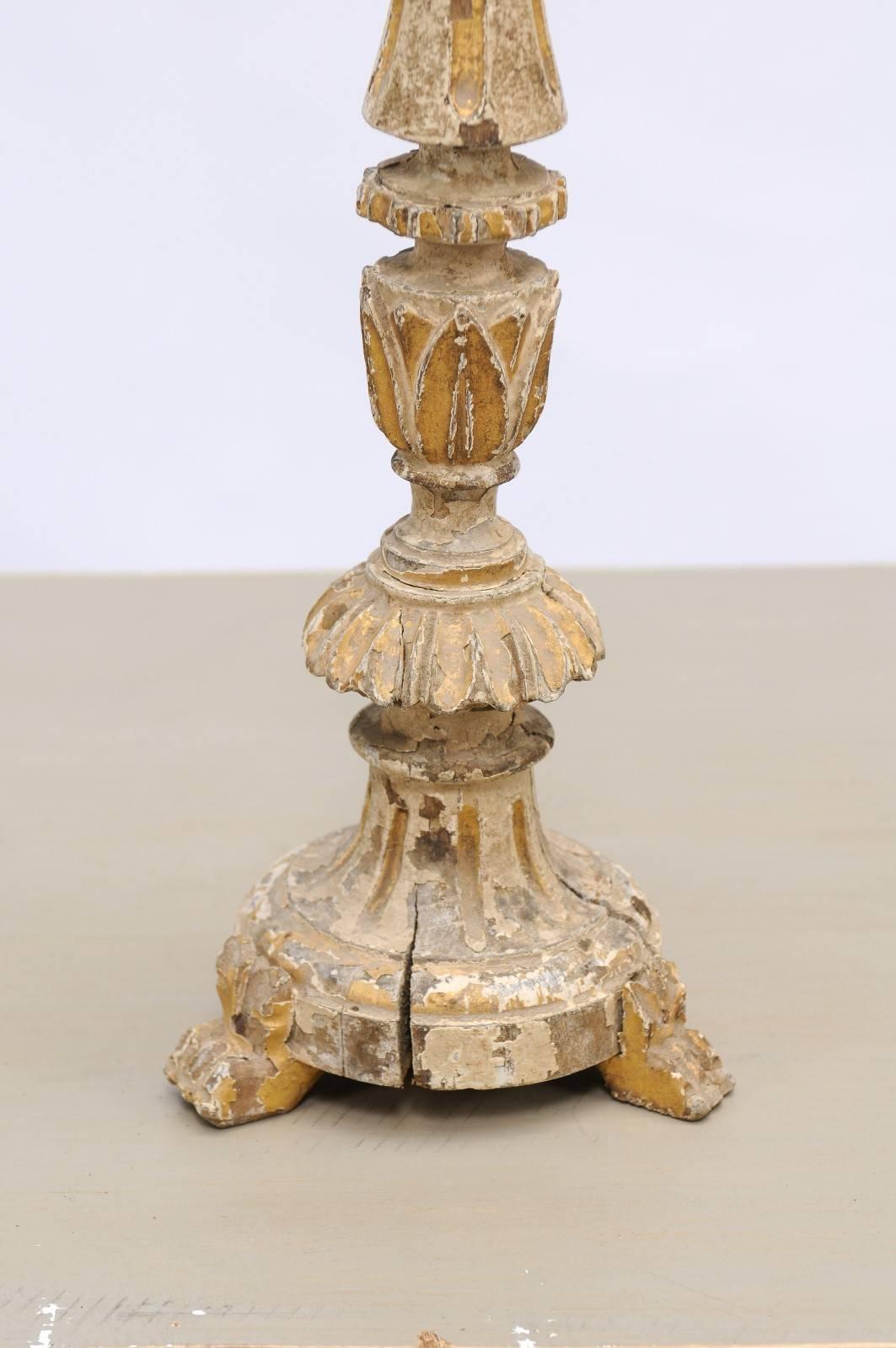 18th Century and Earlier Petite Painted and Gilded Portuguese 18th Century Candlestick with Rais-de-Coeur