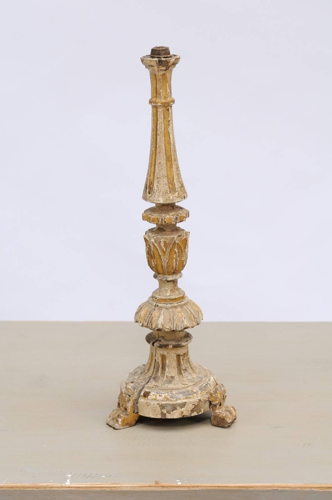 Wood Petite Painted and Gilded Portuguese 18th Century Candlestick with Rais-de-Coeur