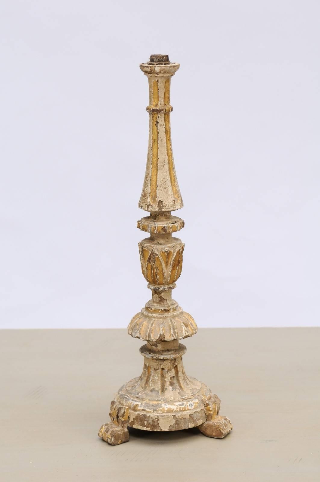Petite Painted and Gilded Portuguese 18th Century Candlestick with Rais-de-Coeur 1