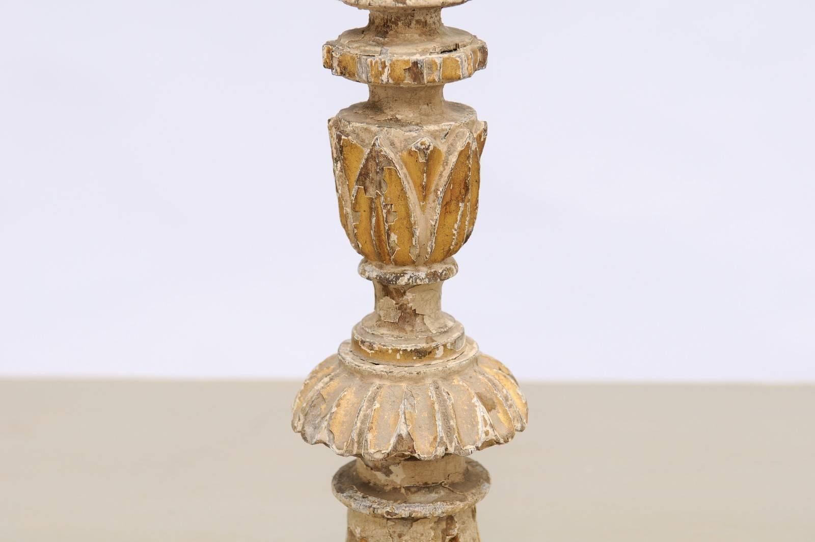 Petite Painted and Gilded Portuguese 18th Century Candlestick with Rais-de-Coeur 3