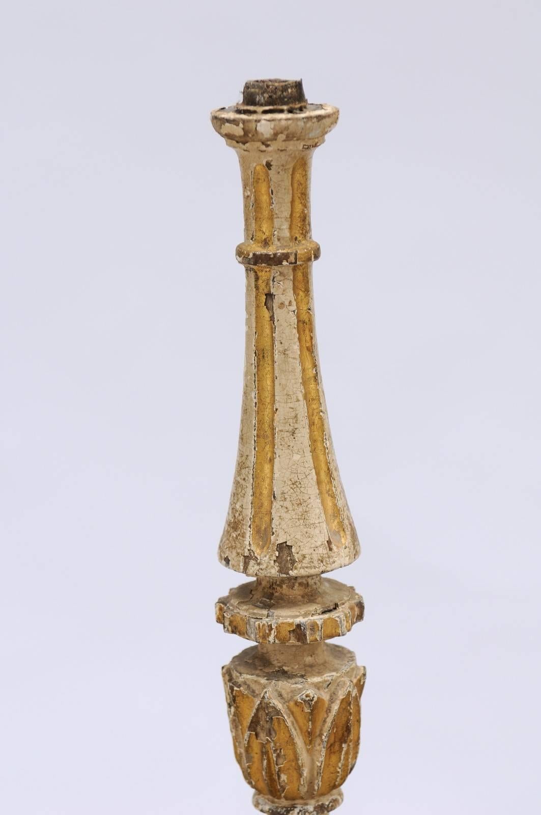 Petite Painted and Gilded Portuguese 18th Century Candlestick with Rais-de-Coeur 4