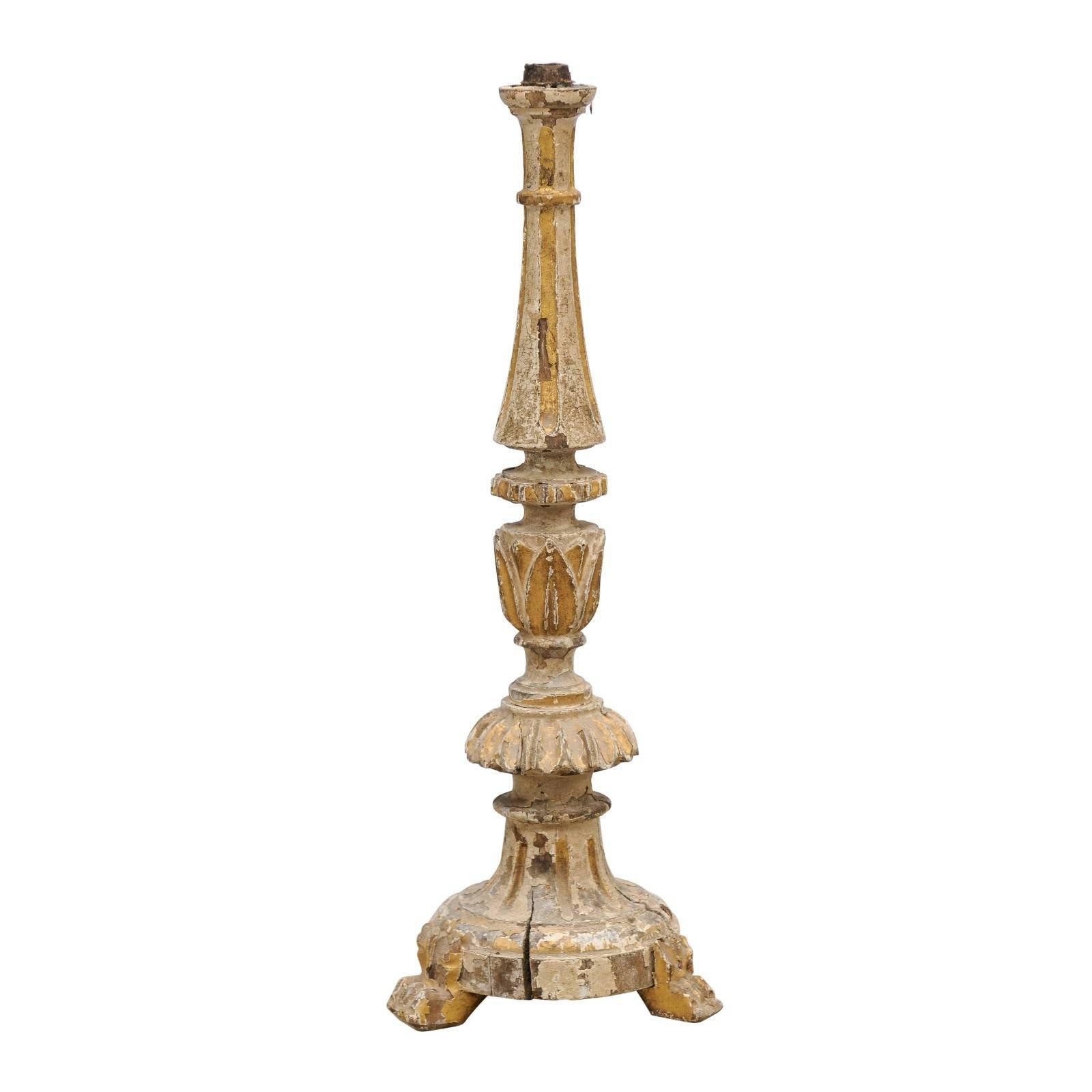 Petite Painted and Gilded Portuguese 18th Century Candlestick with Rais-de-Coeur