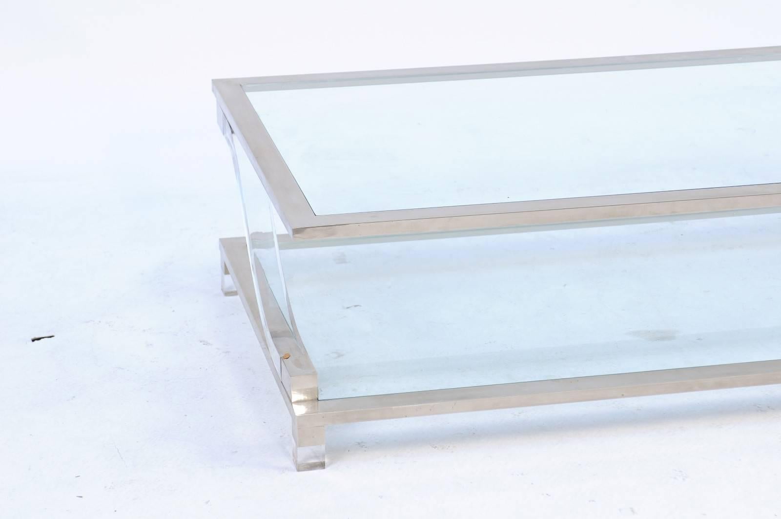 Mid-Century Modern Italian Stainless Steel and Lucite Midcentury Coffee Table with Glass Shelves