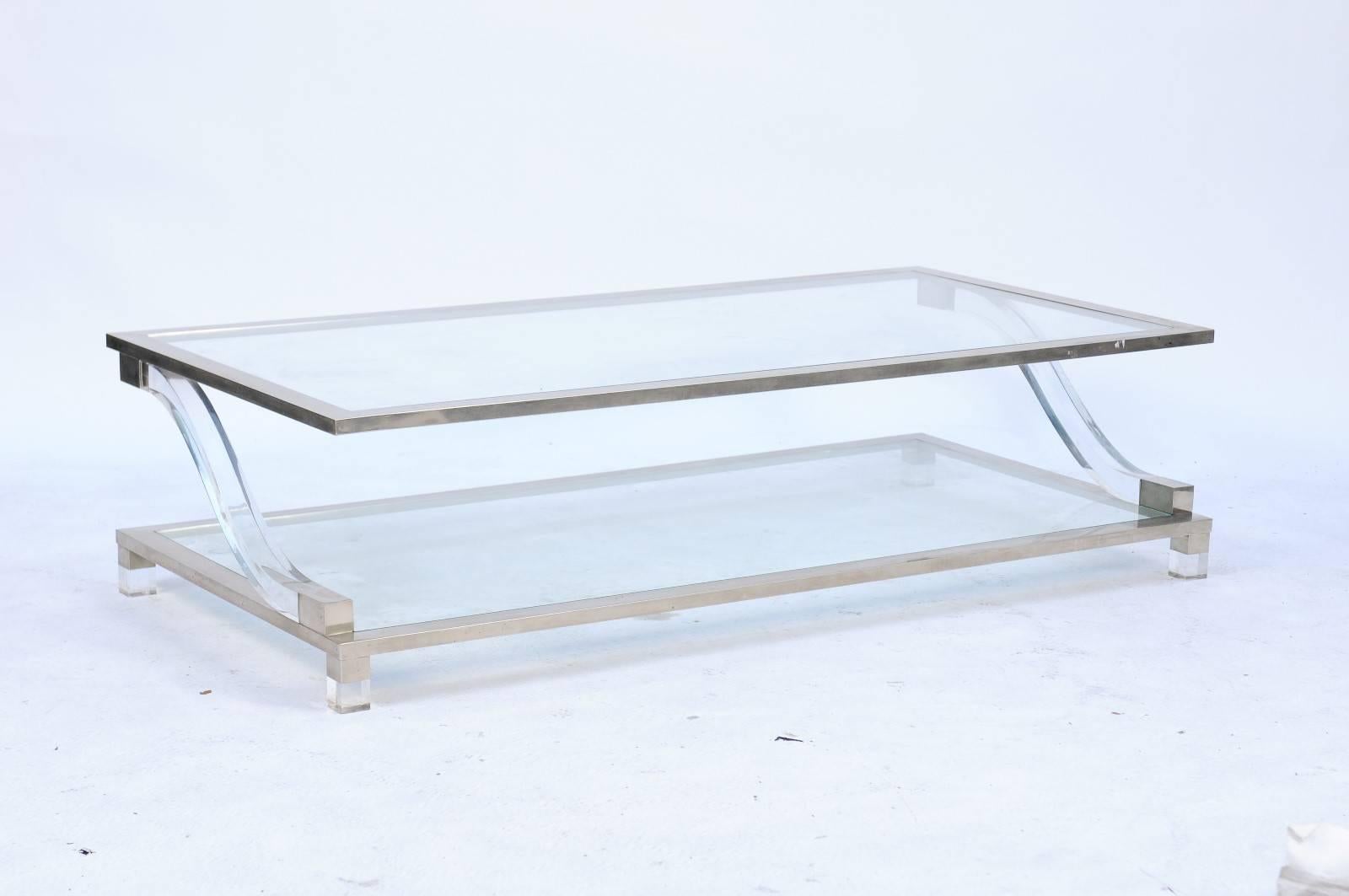 Brushed Italian Stainless Steel and Lucite Midcentury Coffee Table with Glass Shelves