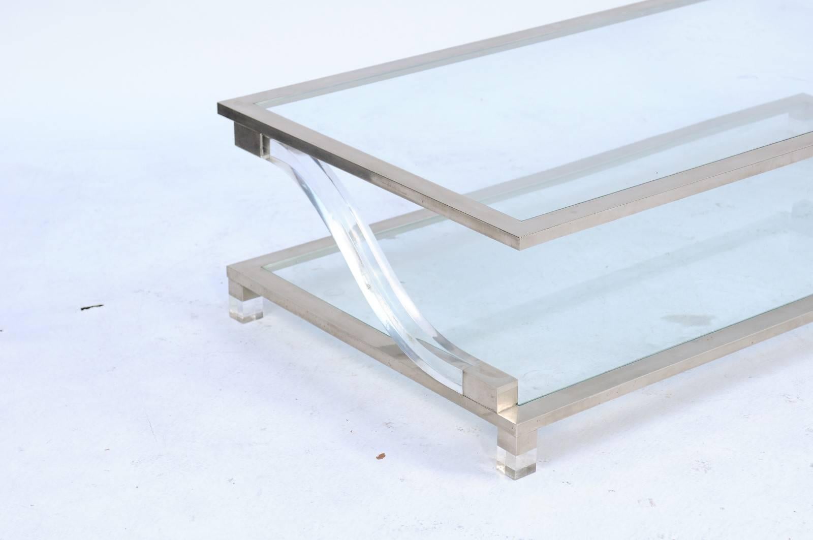 Italian Stainless Steel and Lucite Midcentury Coffee Table with Glass Shelves In Good Condition In Atlanta, GA