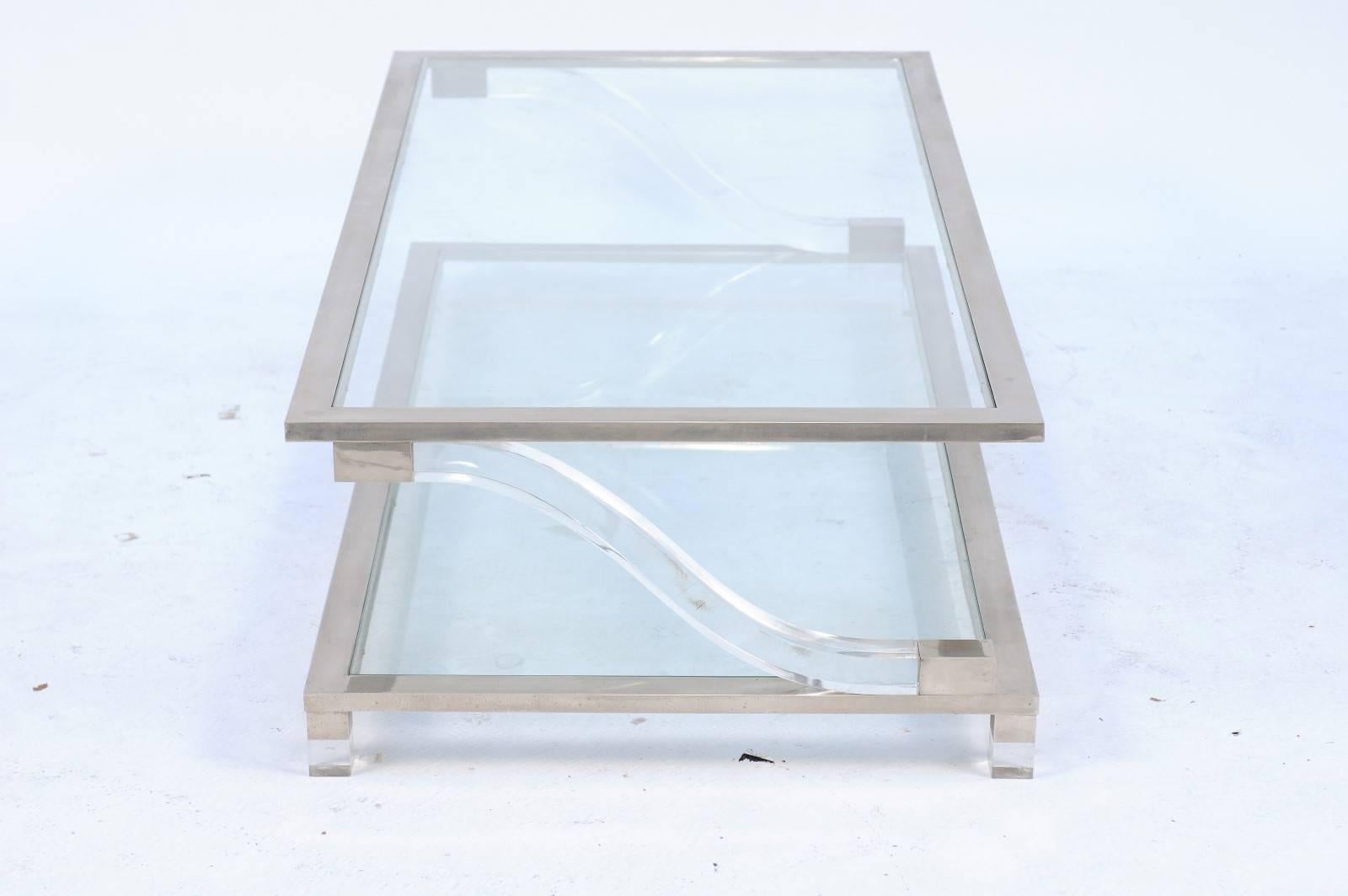 20th Century Italian Stainless Steel and Lucite Midcentury Coffee Table with Glass Shelves