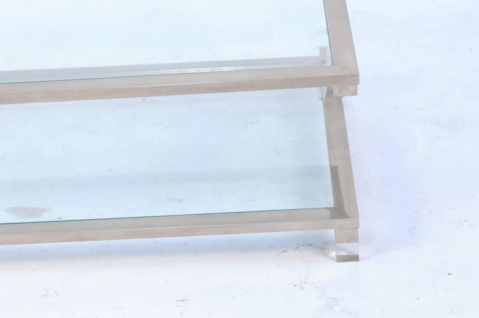 Italian Stainless Steel and Lucite Midcentury Coffee Table with Glass Shelves 2