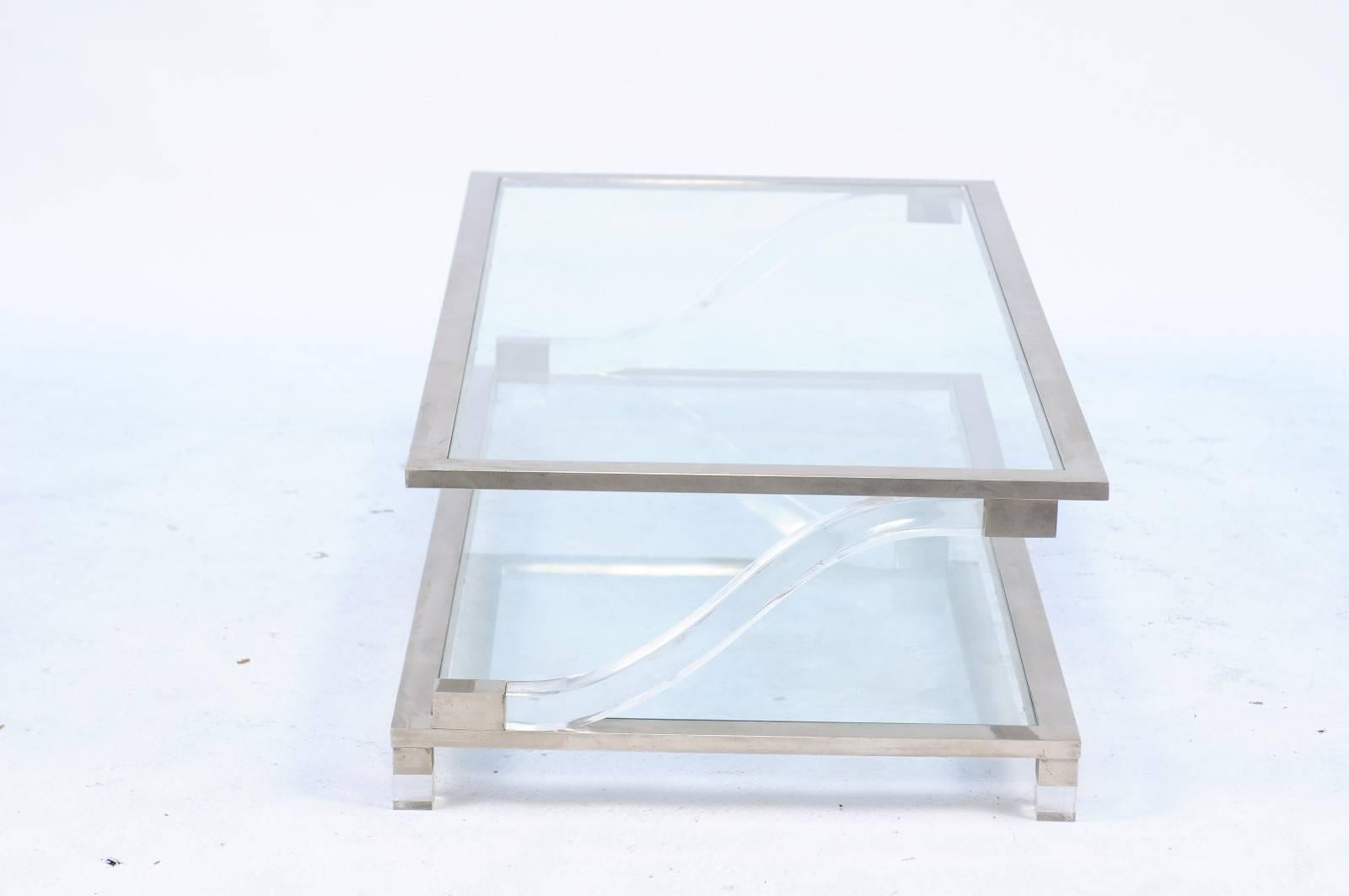 Italian Stainless Steel and Lucite Midcentury Coffee Table with Glass Shelves 3