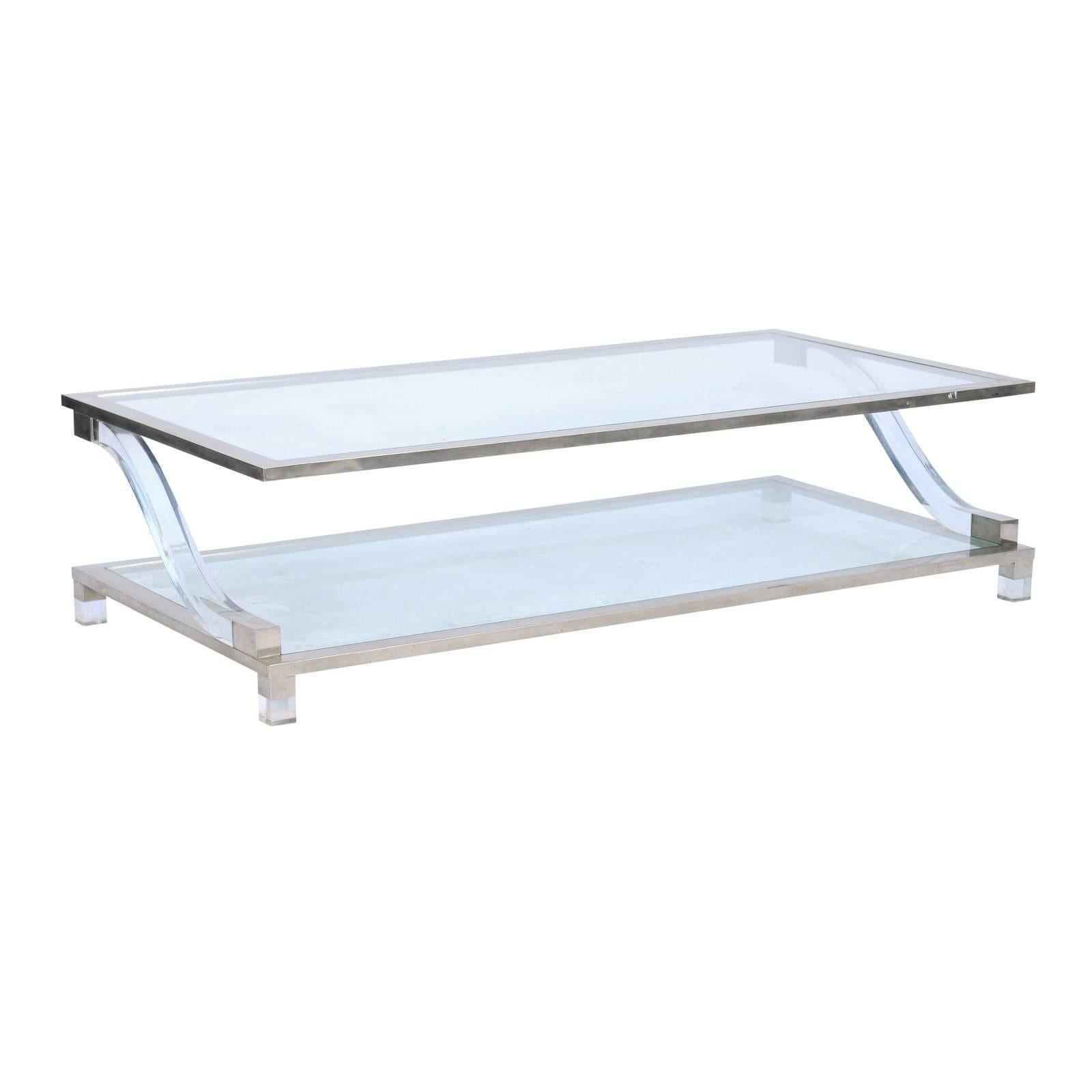 Italian Stainless Steel and Lucite Midcentury Coffee Table with Glass Shelves