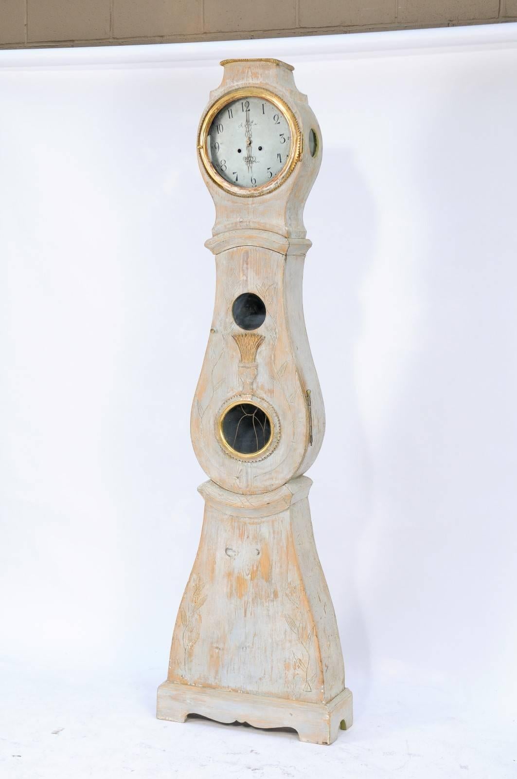 Glass Swedish 1840s Painted and Giltwood Mora Clock with Delicate Carved Accents